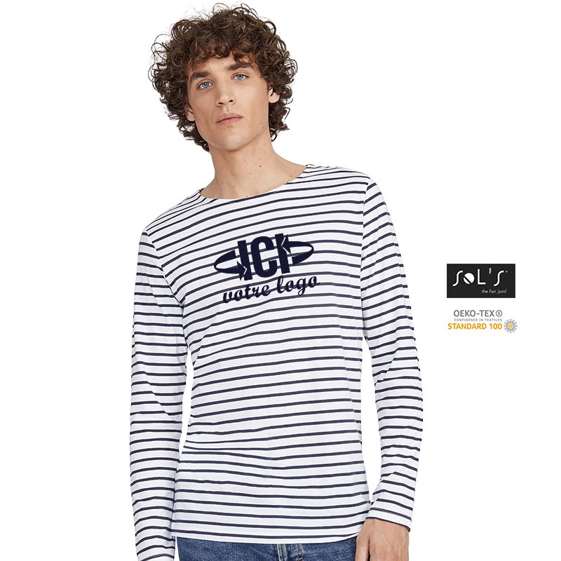 T-shirt rayé manches longues MARINE 150g Homme